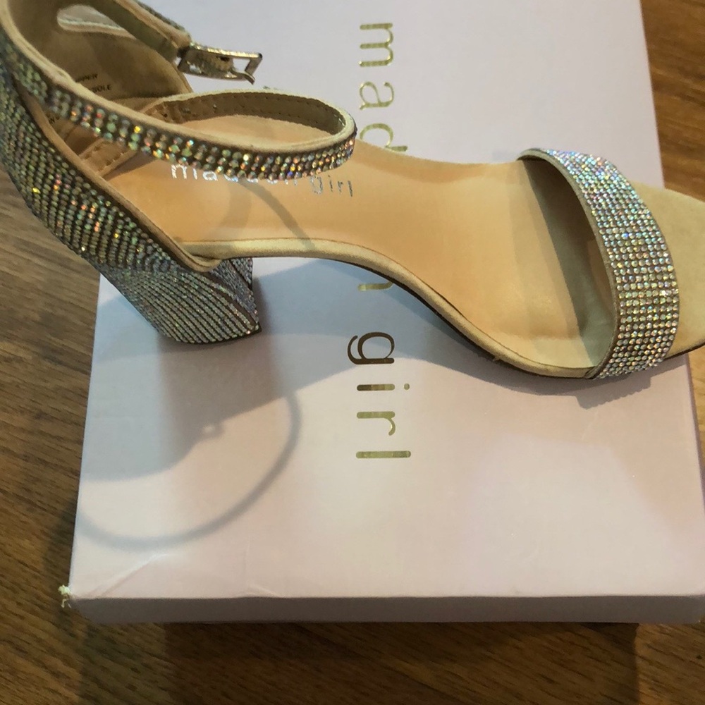 Madden Girl Silver Tan Heels with Rhinestone Embellishments